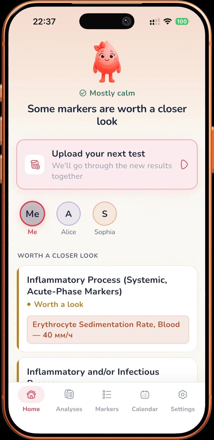 HemoTrack app home screen with a calm test summary