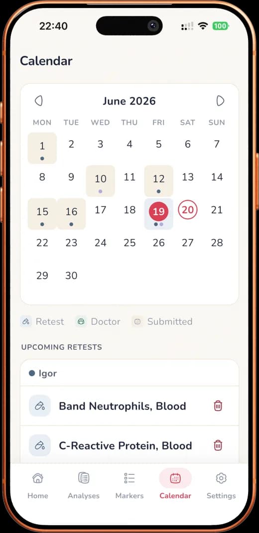 HemoTrack app test calendar and reminders