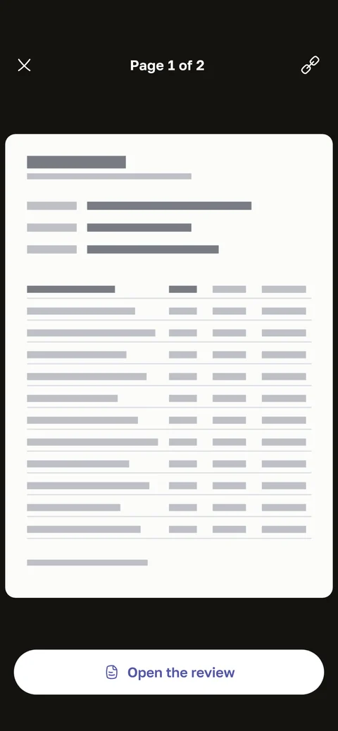 HemoTrack app screen: viewing a page of the lab report, with the «Open the review» button