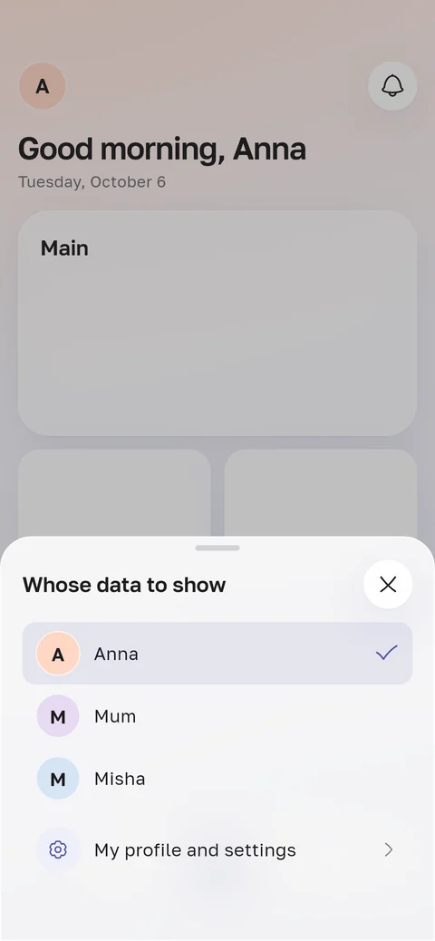 HemoTrack app screen: choosing whose data to show: Anna, Mum or Misha