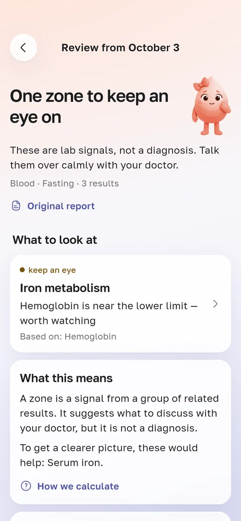 HemoTrack app screen: review of the test from October 3. One zone to keep an eye on: iron metabolism, hemoglobin near the lower limit. Below, what this means
