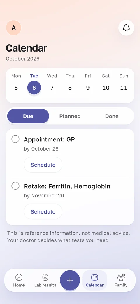 HemoTrack app screen: the October calendar. Book a GP appointment by October 28 and retake ferritin and hemoglobin by November 20