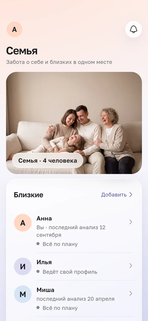 Экран приложения HemoTrack: семья из четырёх человек, у каждого последний анализ и отметка, всё ли по плану